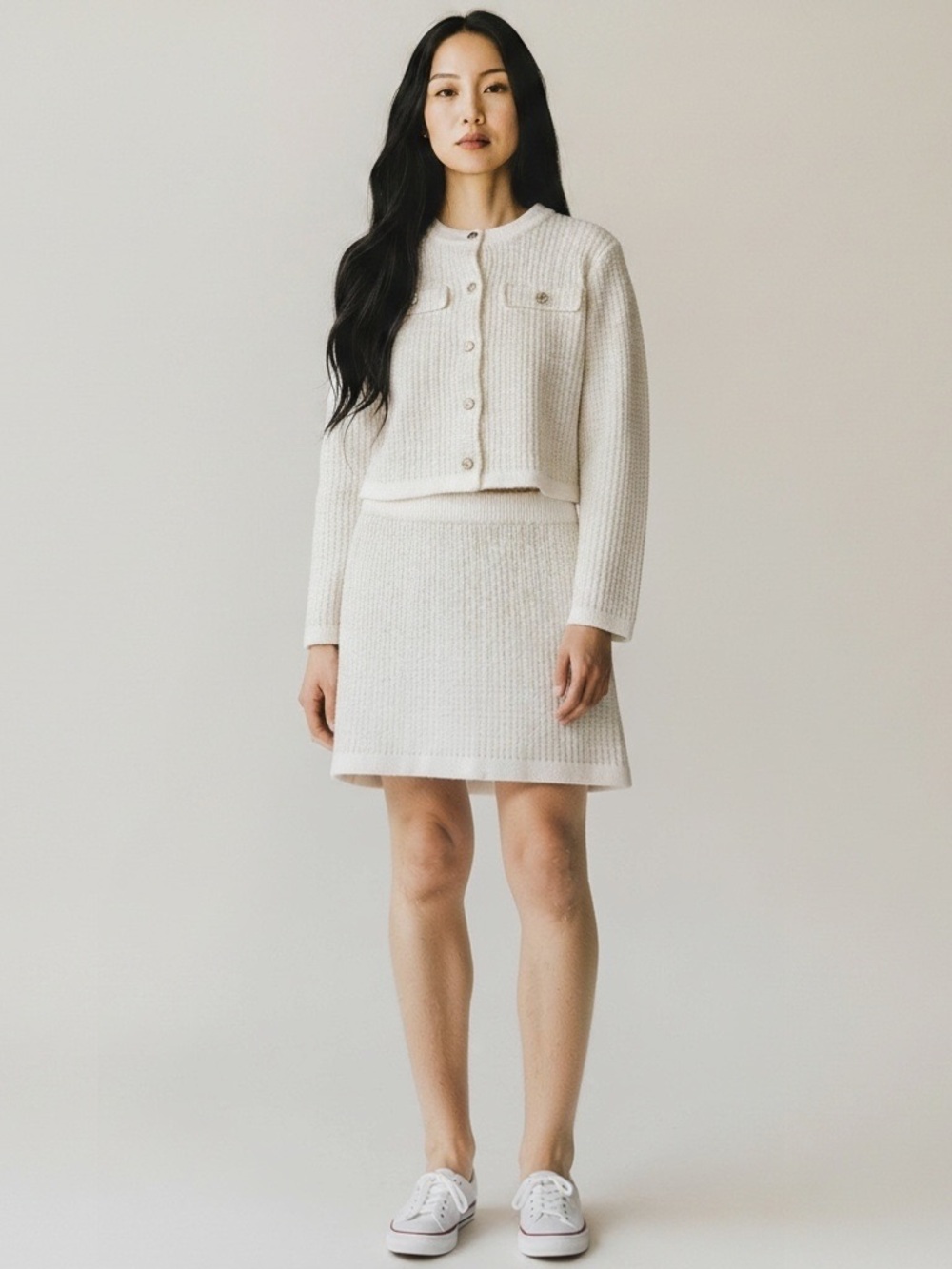Rachel Zoe Cream and Gold Knit Two-Piece Jacket and Skirt Set Women’s Size Small